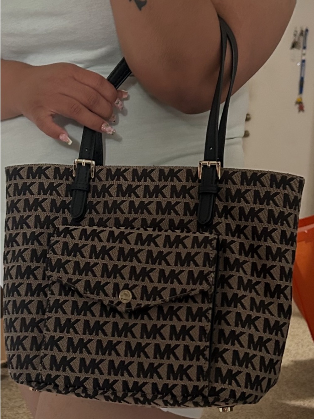 Michael Kors Brown MK Logo Tote with Black Straps